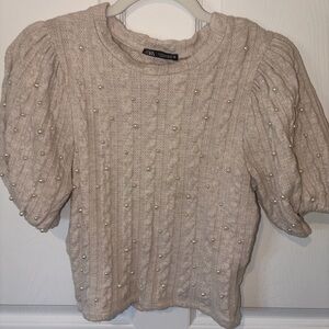 Zara Knit Beige Puff Sleeve Sweater with Pearls